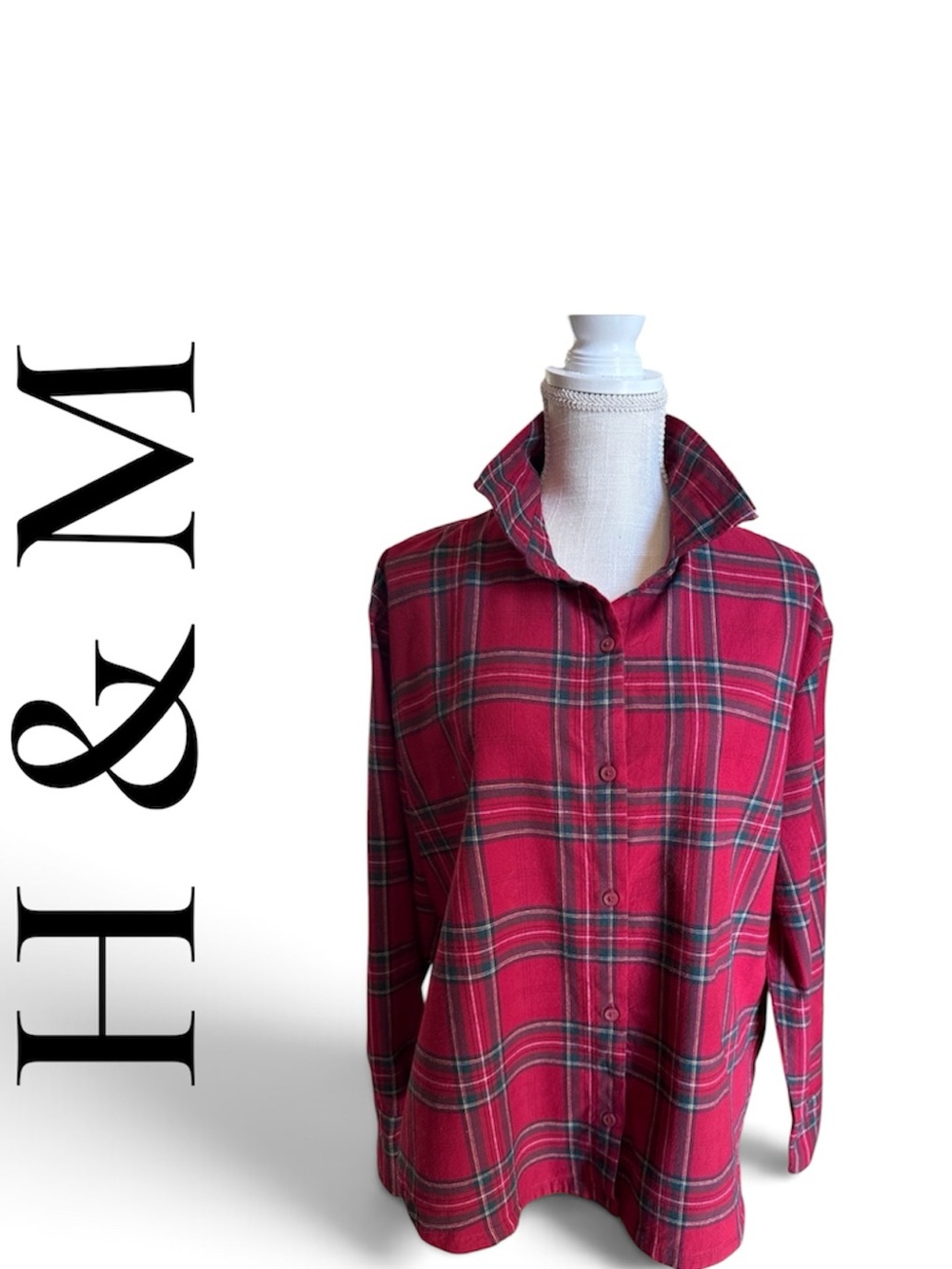 H&M -Sz M- Red Plaid Flannel Shirt / Jacket - Oversized